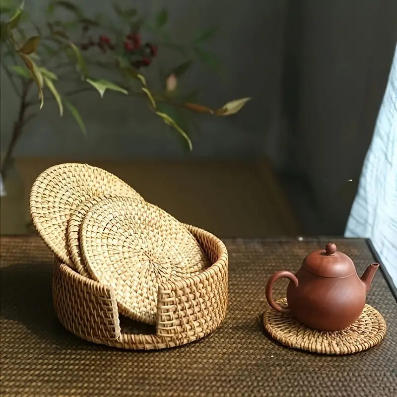 6pc Handcrafted Rattan and Bamboo Coaster Set