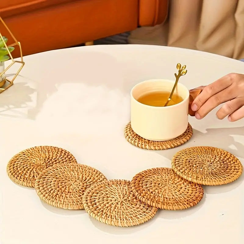 6pc Handcrafted Rattan and Bamboo Coaster Set