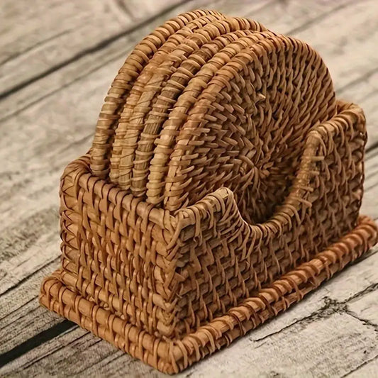 6pc Handcrafted Rattan and Bamboo Coaster Set